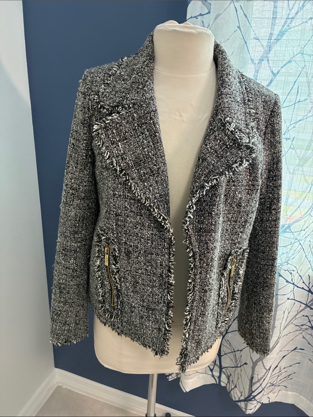 MICHAEL Michael Kors Black and White Tweed Fringed Open-Front Jacket